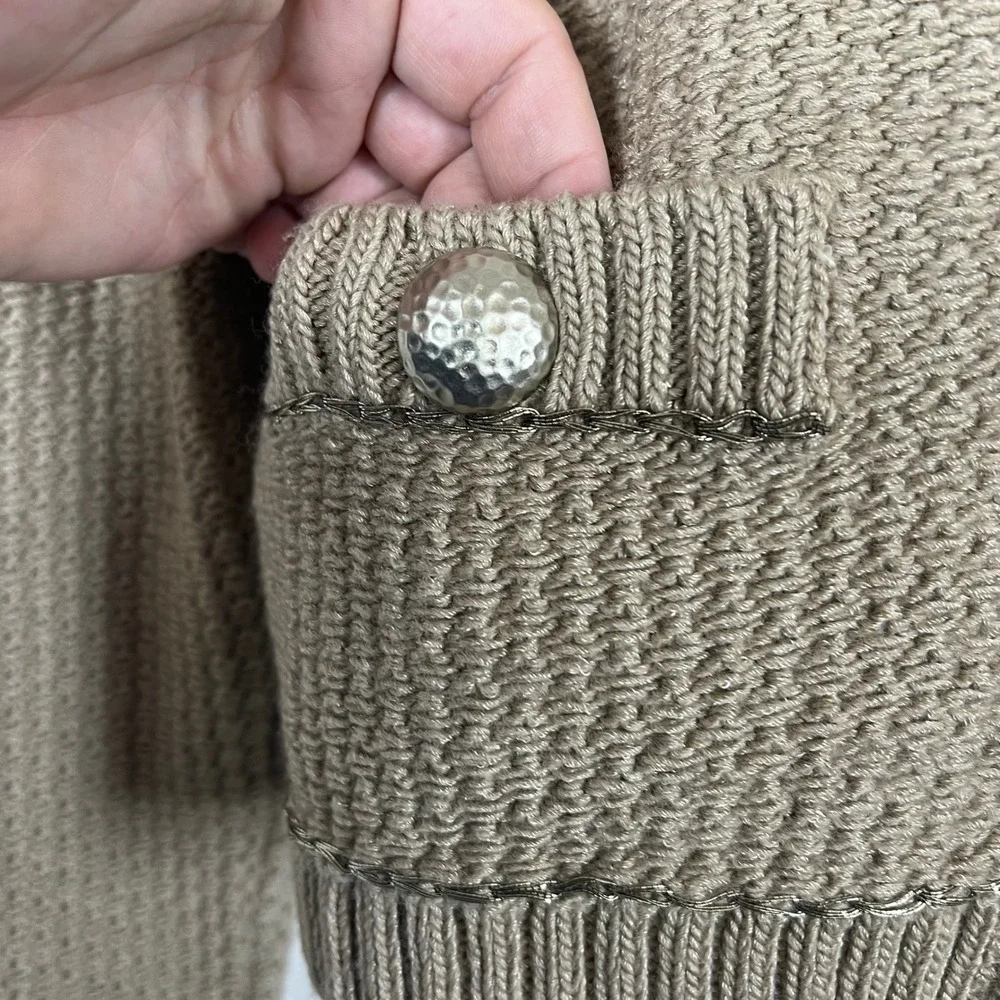 St John Couture Tan Knit Zip Jacket Metallic Trim Silver Buttons Size 16 USA